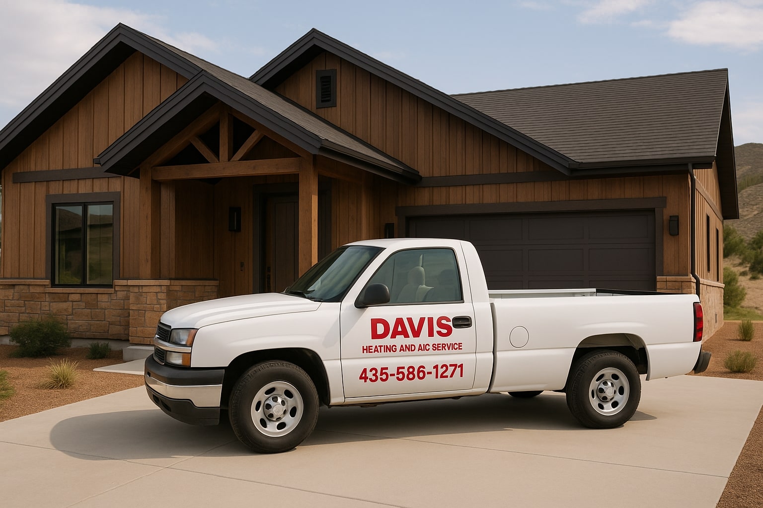 Picture of Davis Heating and AC Truck in front of New Harmony home for AC Repair